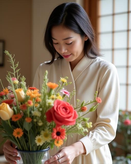 創設者の岸香織が花器に花を生けている様子