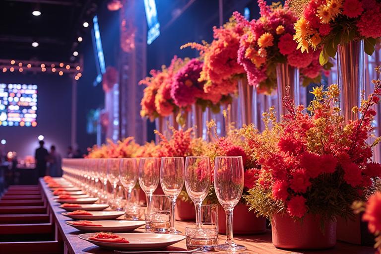 ブランドの新作発表会会場を飾る、季節の花材を用いた華やかなレセプション装飾